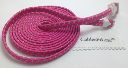 CablesFrLess (TM) 10ft Flat Braided Micro USB Charging / Data Sync Cable fits most Android Phones and Tablets Samsung Galaxy S3 S4 Reverb Note Tab Google Nexus Kindle Nokia Lumia HTC One ASUS LG G2 Pantech Blackberry Motorola Sony Xperia etc. (Hot Pink)