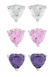 Platinum Overlay Sterling Silver Heart-Shaped Cubic Zirconia Stud Earrings Set in Clear, Pink & Amethyst