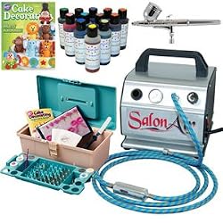 Complete Premium "Salon Air" Professional Cake Decorating System Airbrush Kit with Salon Air Compressor, Airbrush with Hose, 50 Piece Wilton Cake Decorating Set and a Set of 12 .7 Oz. Americolor Amerimist Food Colors