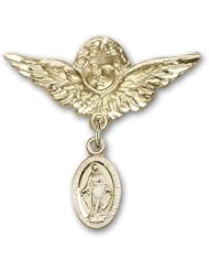 14K Gold Baby Badge with Miraculous Charm and Angel with Wings Badge Pin