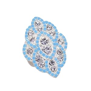 Matte Silver Plated Vintage Style Pave Fashion Strech Ring With Clear Crystals and Blue Beads