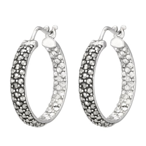 Sterling Silver Marcasite Crystal Inside-Outside Click Hoop Earrings