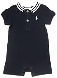 Ralph Lauren Infant Mesh One-piece in Navy Blue, White Striped Collar; White Pony