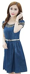 Cotton/Denim/Polyester Belted Summer Puff Sleeves  Dress