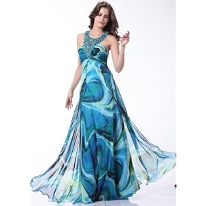 4003 PRINT CHIFFON RHINESTONE HALTER GOWN EVENING DRESS