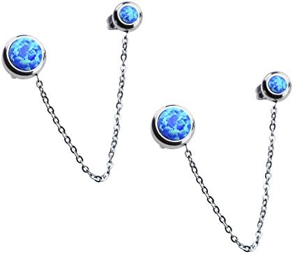 Women's Stainless Steel Bezel Set Blue Synthetic Opal Double Stud Earrings.