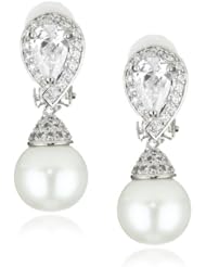 CZ by Kenneth Jay Lane "Traditional" Clip Pave Set Pear with Hanging White Pearl Earrings
