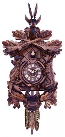 River City Clocks Eight Day Hunter's Cuckoo Clock with Hand-carved Oak Leaves, Animals, Rifles, and Buck - 20 Inches Tall - Model # 819-20