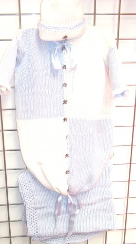 Hand Knitted Crochet Finished Blue White Blocked Chenille White Baby Bunting Hat Set with Matching Large Blanket Size 31