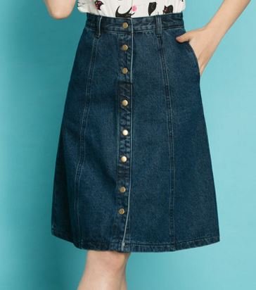 (ALLURE) デニム Aライン スカート 台形 ミモレ丈 ロングスカート フロントボタン ブルー AF0510