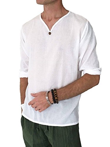 Men's White T-Shirt 100% Cotton Thai Hippie Shirt Beach Yoga Top Button Feature