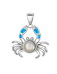 Silver With Rhodium Finish Shiny Created Opal Crab Pendant With White Pearl