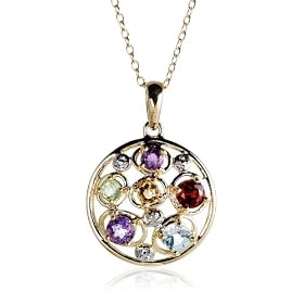 18k Gold Overlay Sterling Silver, Diamond-Accent and Multi-Gemstone Pendant, 18" by 