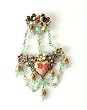 Michal Negrin Feminine Brooch Ornate with Victorian Roses Heart Shaped Cameo, Surrounded by Hand Painted Flowers and Brass Ornaments, Accented with Beaded Chains, Dangle Bells, Green, Light Purple and Pink Swarovski Crystals; Vintage Style - Special Ordered and Shipped by Genuvo within 2 to 3 Weeks