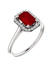 18K White Gold 7.00x5.00mm Emerald Cut Chatham Created Ruby and Diamond Halo-Style Ring -- LIFETIME WARRANTY