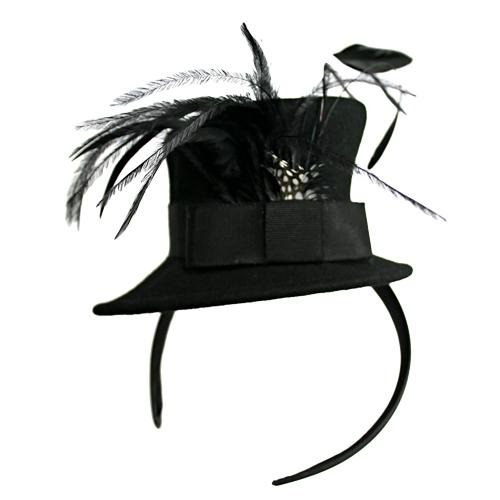 Black Mini Top Hat Cocktail Headband W/Feather