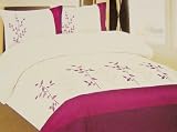 PURPLE & CREAM Double Bed Size Faux Silk Embroidered Duvet Cover Set