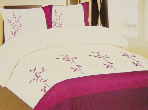 PURPLE & CREAM Double Bed Size Faux Silk Embroidered Duvet Cover Set