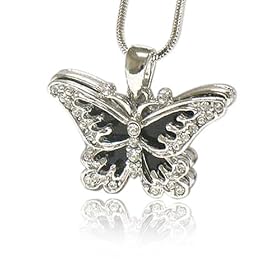White Gold Plated Silver Crystal Butterfly Onyx Necklace Jewelry