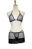 Exposed By Magic Silk Queen Size Fishnet Bra, Skirt With Fringe And G-string, Black, One Size