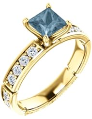 18K Yellow Gold Princess Cut Blue and White Diamond Ring -- LIFETIME WARRANTY