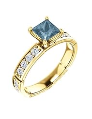 10K Yellow Gold Princess Cut Blue and White Diamond Ring -- LIFETIME WARRANTY