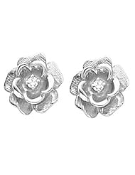 Pair of 14K White Gold Diamond Rose Earrings - 0.06 Ct. -- LIFETIME WARRANTY
