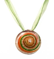 Necklace / Pendant - Round Murano Glass ~ Orange, Green, White & Copper (51)