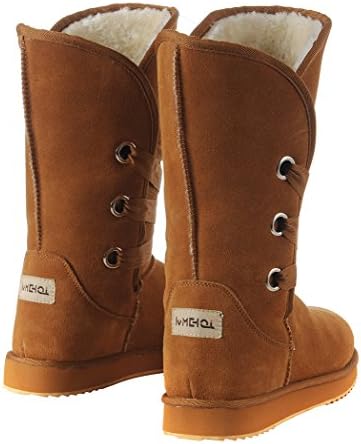 KAMEIQI Christmas Women Waterproof Leather Quality Canister Ribbon Mid High Snow Boots(6 B(M)US,chestnut)