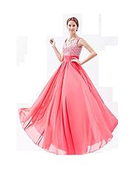 A-line V-neck Floor Length Natural   Waistline Sleeveless Chiffon Lace Beaded Prom Dress 