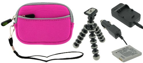 4n1 - Neoprene (Magenta) Sleeve Case / NP-BK1 AC DC Charger / Battery / Tripod for Sony Cybershot DSC-S980 Digital Camera Silver