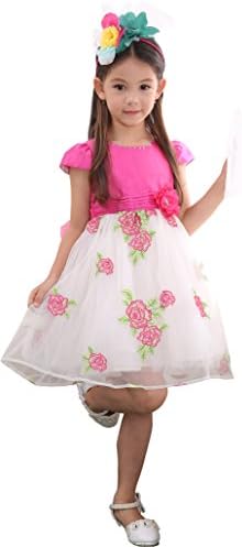 Shamila Girl's Round Neck Contrast Color Mesh Roses Cap Sleeves Dress Rose Red Size 7