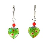 Earrings - E316 - Millefiore Heart and Swarovski (tm) Crystal Beads ~ Green Multi Flowers