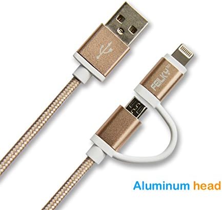 [Apple MFI Certified ]Feilky 3ft Nylon Braided Jacket 2-in-1 Lightning Cable With 8 Pin& Micro USB Connectors for iphone 5,iphone5s,iphone 5c,6,6plus,ipad Air Mini,iPod5,Sumsung,HTC,Huawei(Gold)