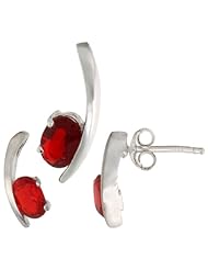 Sterling Silver Fancy Kink Earrings (12mm tall) & Pendant (16mm tall) Set, w/ Oval Cut Ruby-colored CZ Stones