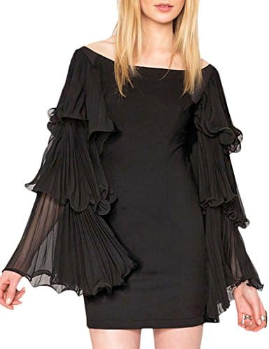 JOLLYCHIC Women's Ruffle Sleeve Solid Slash Neck Ladies Mini Dress Size 8 US Black