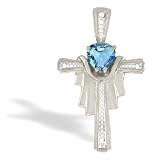 14K White Gold Genuine Heart Blue Topaz and Diamond Cross Pendant