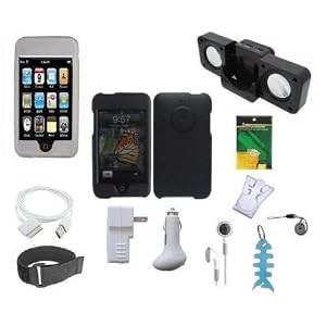 12 In 1 Accessory Bundle Combo for Apple Ipod Touch 2nd Generation and 3rd Generation 8GB 16GB 32GB: Black Rubberized Snap On Hard Case, Clear/White Silicone Skin Case Cover, USB 2in1 Data Sync Cable, USB Car Charger, USB Wall Charger, 3.5mm Stereo Headset, Armband, Belt Clip, Landyard, Portable Foldable Speaker Dock, LCD Screen Protector and Light Blue Fishbone Style Keychain