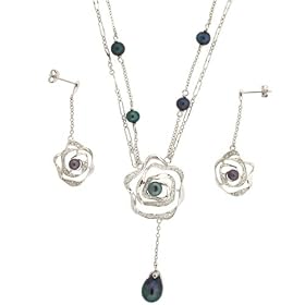 Necklace Earring Rose Design Sterling Silver Black Pearl Flower CZ Pendant... by Bucasi