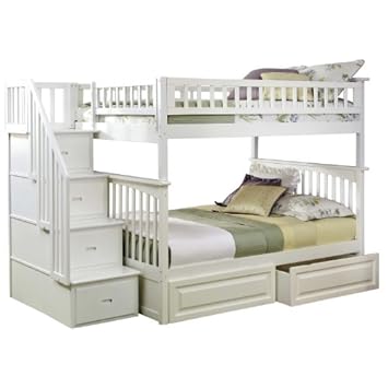 Columbia Staircase Bunk with Raised Panel Bed Drawers White/Twin/Twin
