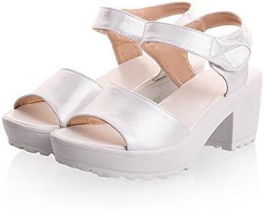 QueenFam Womens Open Toe Kitten Heel Platform Chunky Heels PU Soft Materials Solid Sandals, White, 34