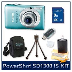 PowerShotSD1300ISDigitalELPHCamera(Green)4215B001,12.1Megapixel,4x28-112mmEquivalentUAZoomLens,2.7LCD,DIGIC4ImageProcessor,8GBMemory,MemoryCardReader,DeluxeDigProCase,Tripod,AndLensCleaningKit