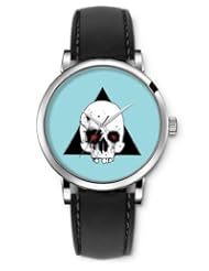 SPRAWL Aanalog Fashion Series Silver Ladies Watches of Genuine Black Leather Strap,Unique Wrist Watch for Women Girls Designed with Skull and black triangle