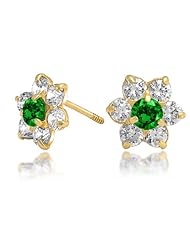 Bling Jewelry Kids Emerald Color Safety Screw Back CZ Flower Studs 14k Gold