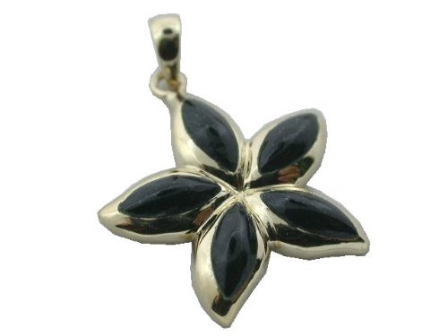 Black Jade Hawaiian Flower Pendant, 14k Gold