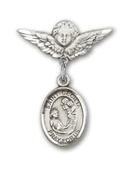 Sterling Silver Baby Badge with St. Cecilia Charm and Angel with Wings Badge Pin