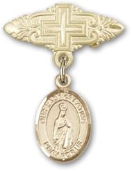 14K Gold Baby Badge with Our Lady of Fatima Charm and Badge Pin with Cross