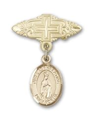 Gold Filled Baby Badge with Our Lady of Fatima Charm and Badge Pin with Cross