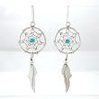 Medium Navajo Dreamcatcher Earrings with Feather in Sterling Silver and a Turquoise Bead Accent, #8317