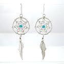Medium Navajo Dream Catcher Earrings with Feather in Sterling Silver and a Turquoise Bead Accent, #8317